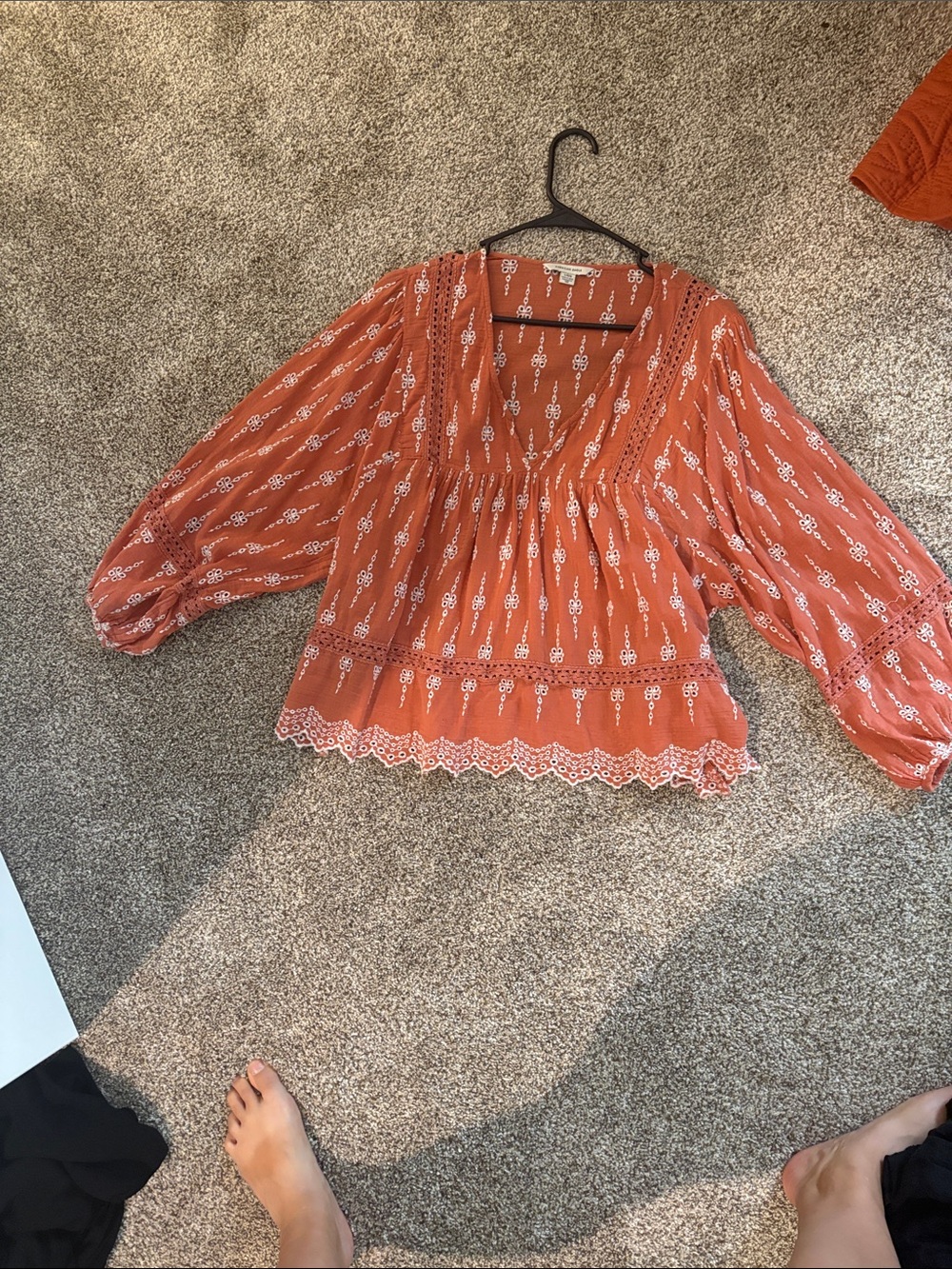 American Eagle Outfitters Rust Orange Boho Peasant Top with White Embroidery